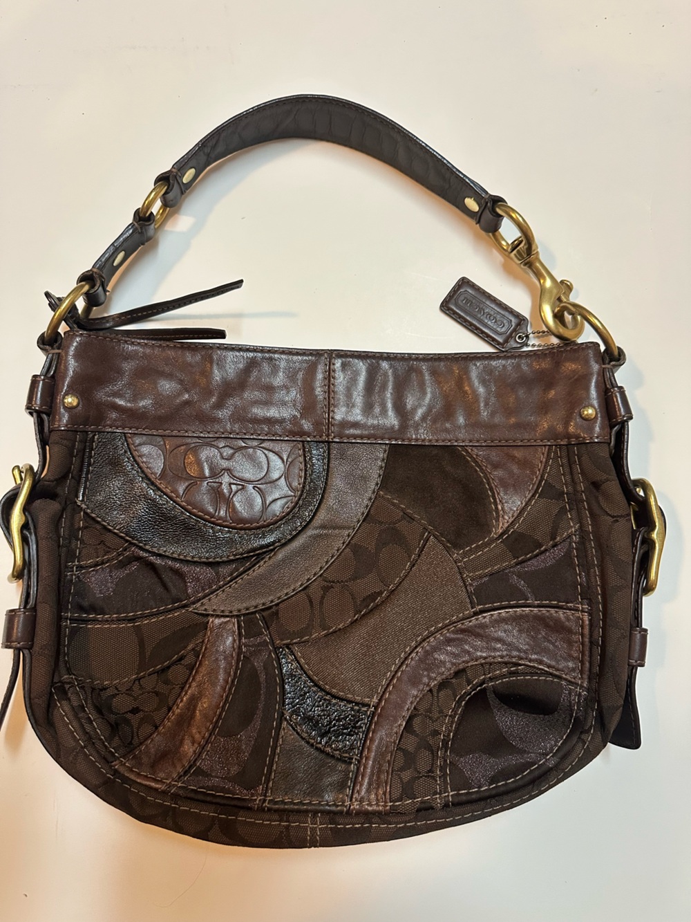 Coach Mosaic Zoe Patchwork Brown Leather & Signature Canvas Shoulder Bag